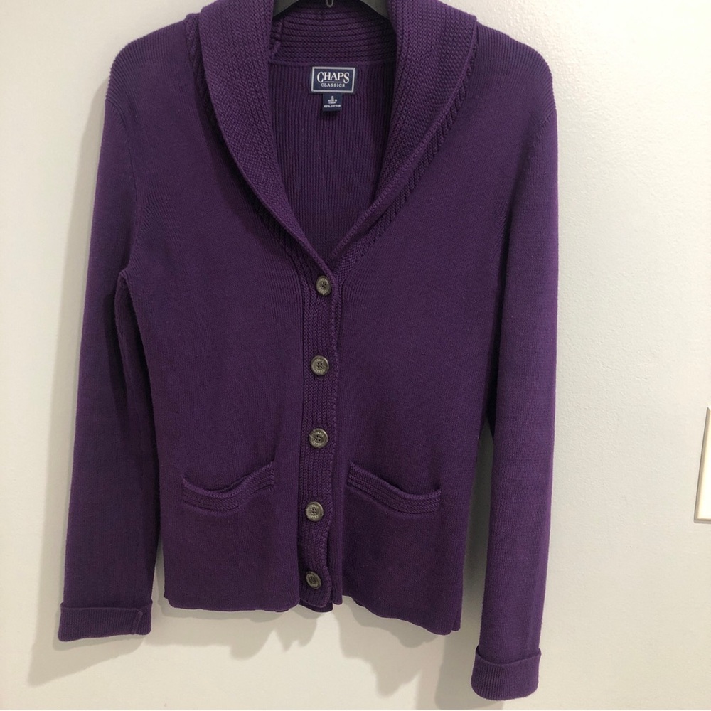 CHAPS Classic Button Up Cardigan Woman's Small Purple Sweater Pleaded Back